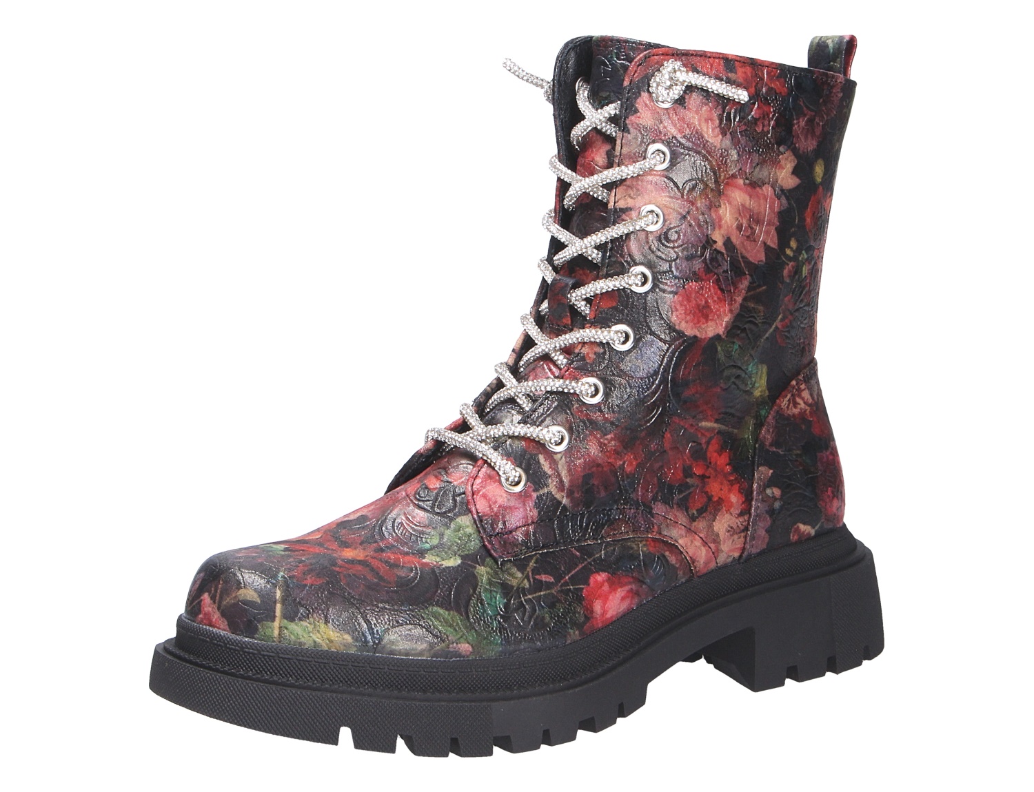 La Strada Damen Stiefel mit floralem Print, heller Schnürung und schwarzer Profilsohle