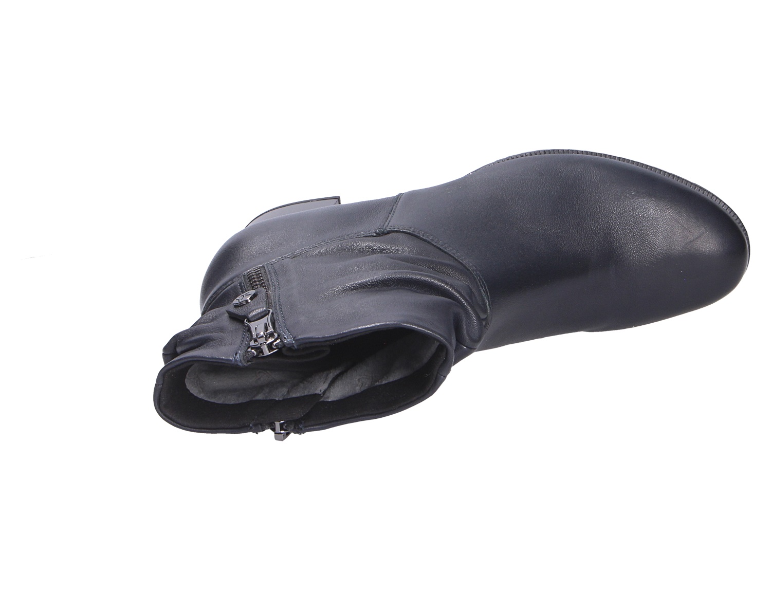 Caprice Damen Stiefel aus schwarzem Leder, seitliche Ansicht mit Reißverschluss und dekorativem Riemendetail