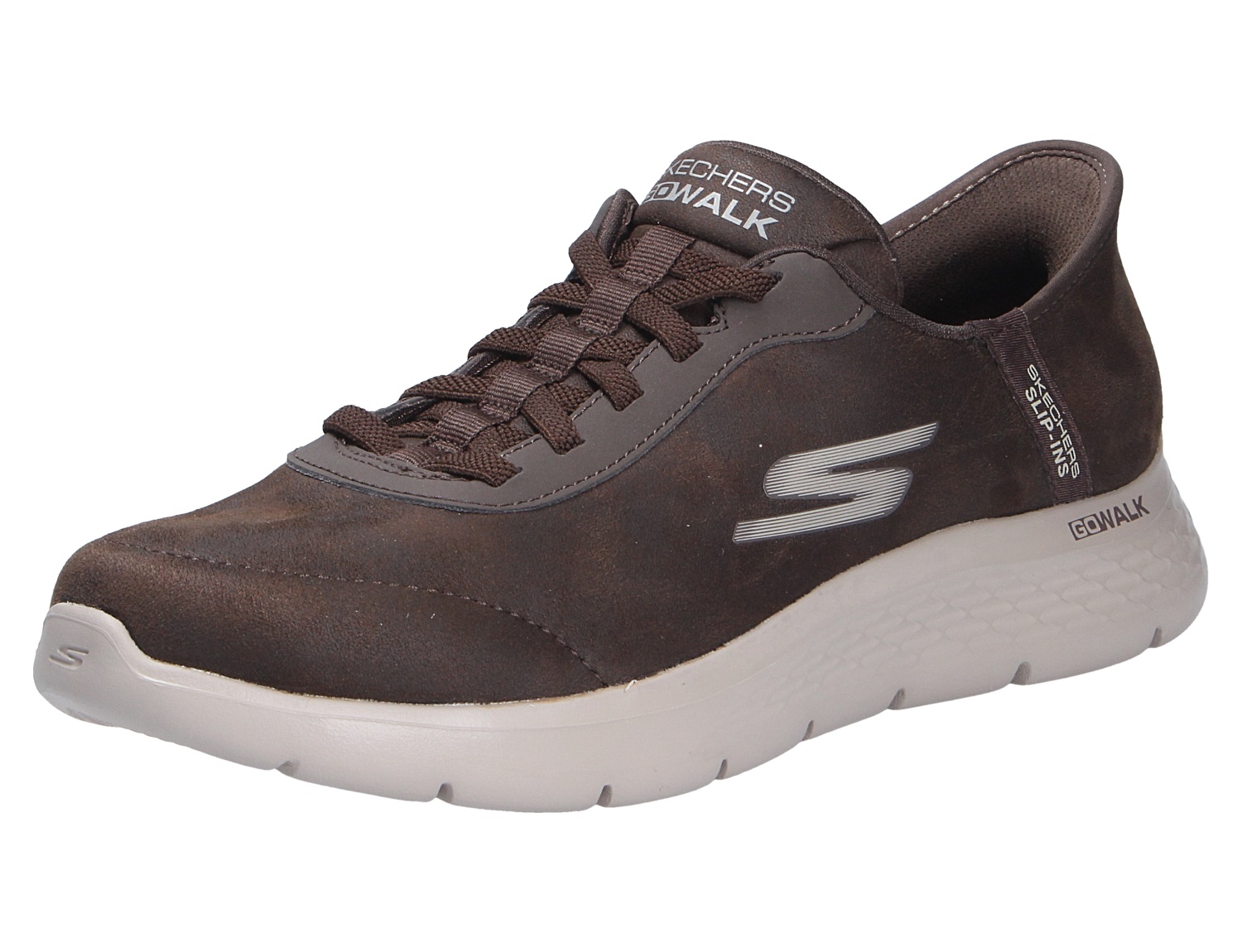 Skechers Go Walk Flex Sneaker in Braun mit Schnürung, seitlichem Logo und weißer, flexibler Laufsohle