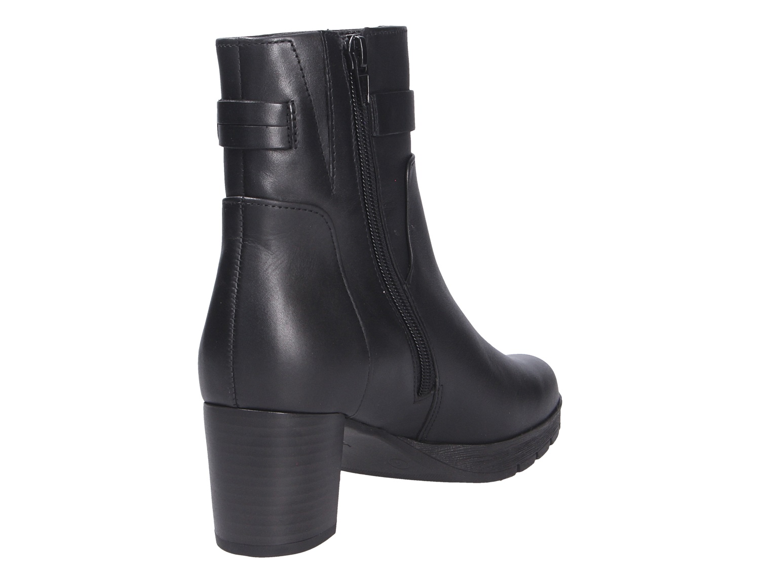 Gabor Damen Stiefel in Schwarz aus glattem Leder, seitliche Rückansicht mit Reißverschluss, Zierlasche und stabilem Blockabsatz