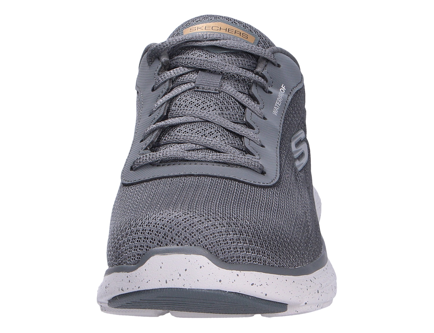 Frontansicht des grauen Skechers Fles Advantage Sneakers mit Schnürung, Mesh-Obermaterial und gesprenkelter heller Sohle