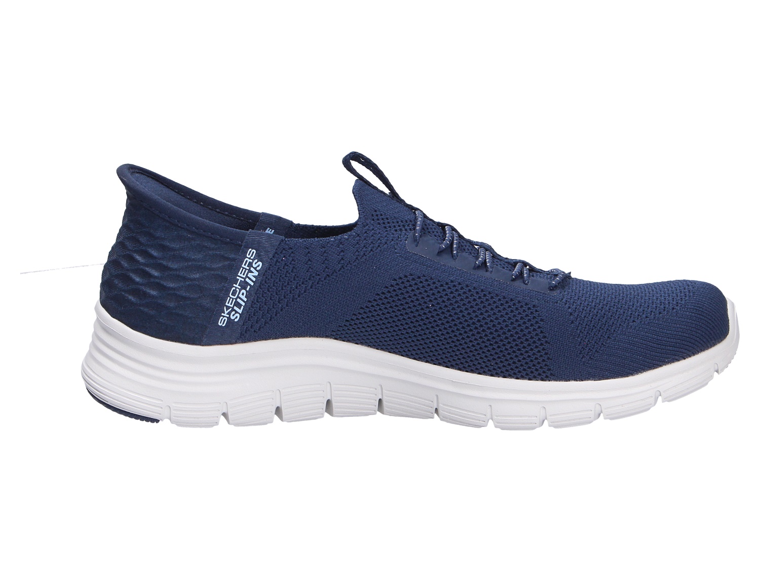 Skechers Arch Fit Slip-ins Sneaker in Dunkelblau mit atmungsaktivem Strick-Obermaterial und weißer Laufsohle, Seitenansicht