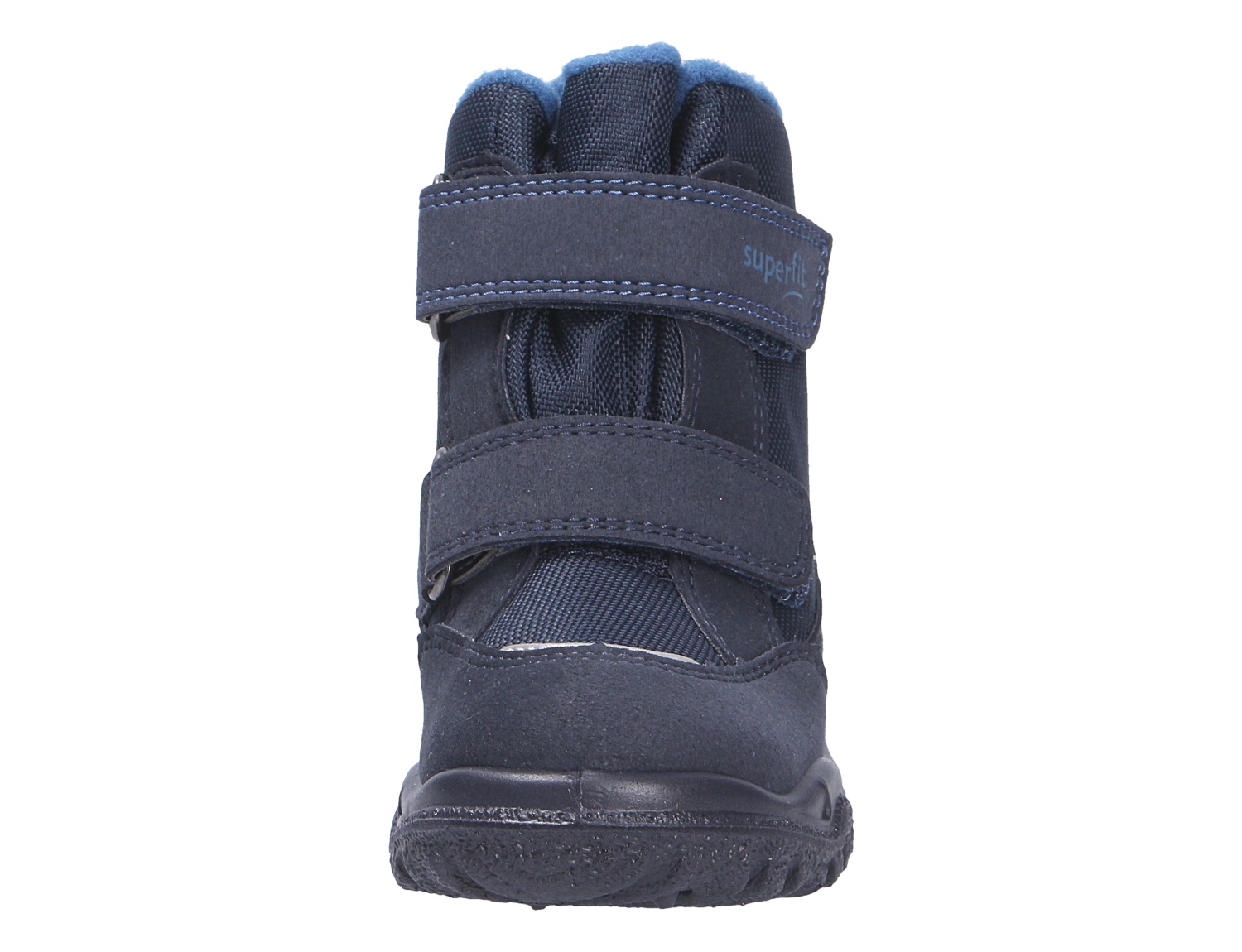 Frontansicht des dunkelblauen Superfit HUSKY1 Kinder-Winterstiefels mit zwei Klettverschlüssen und warmem Futter