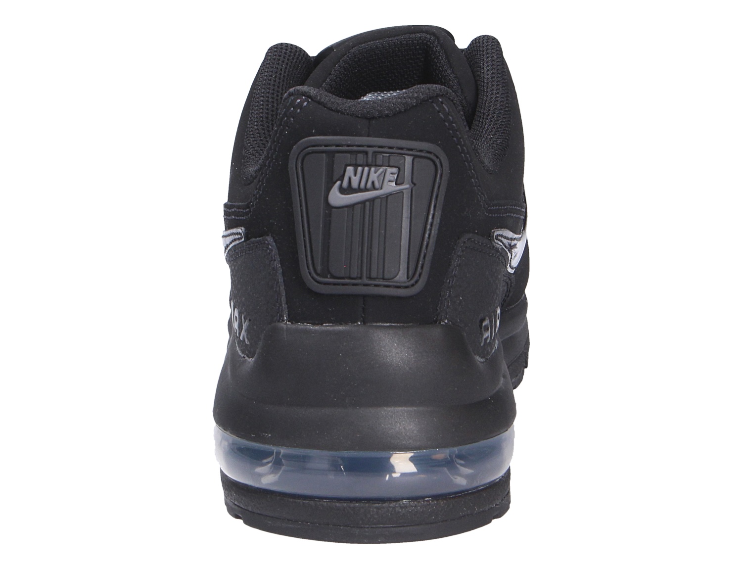Rückansicht des Nike Air Max LTD 3 in Schwarz mit gepolstertem Schaft, Nike-Fersendetail und sichtbarer Air-Max-Sohle