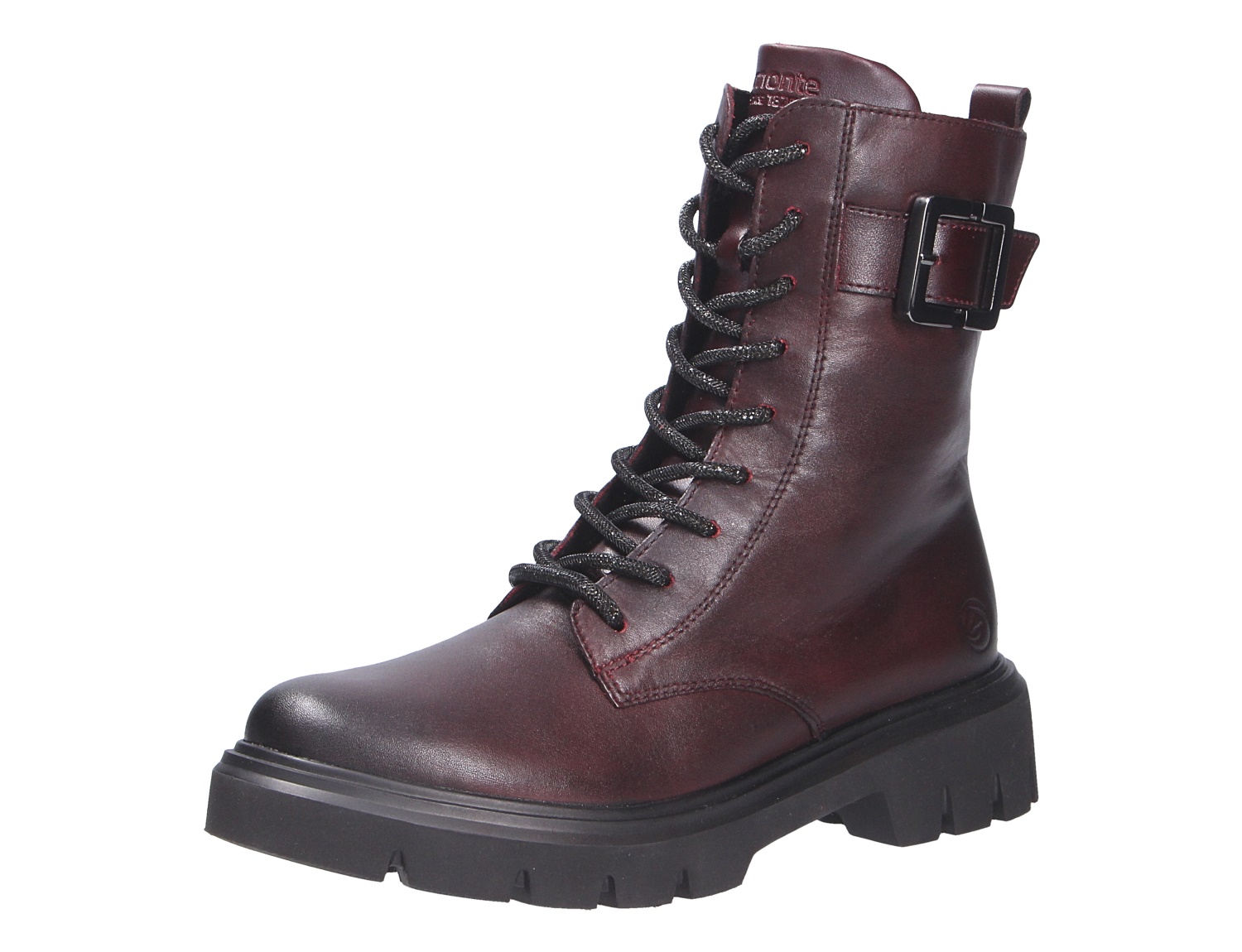 Remonte Damen Stiefel in Bordeaux aus glattem Lederlook mit Schnürung, seitlicher Zierschnalle und robuster profilierter Sohle