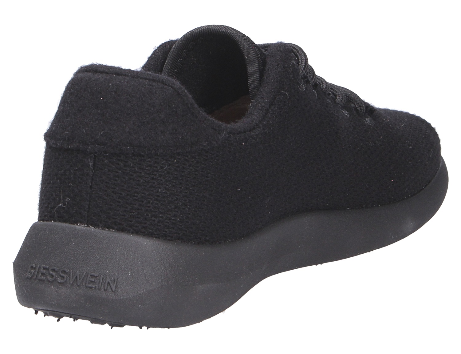 Rückansicht des schwarzen Giesswein Damen-Sneakers MERINO WOOL KNIT WOMEN aus Merinowolle mit Schnürung und schwarzer Sohle