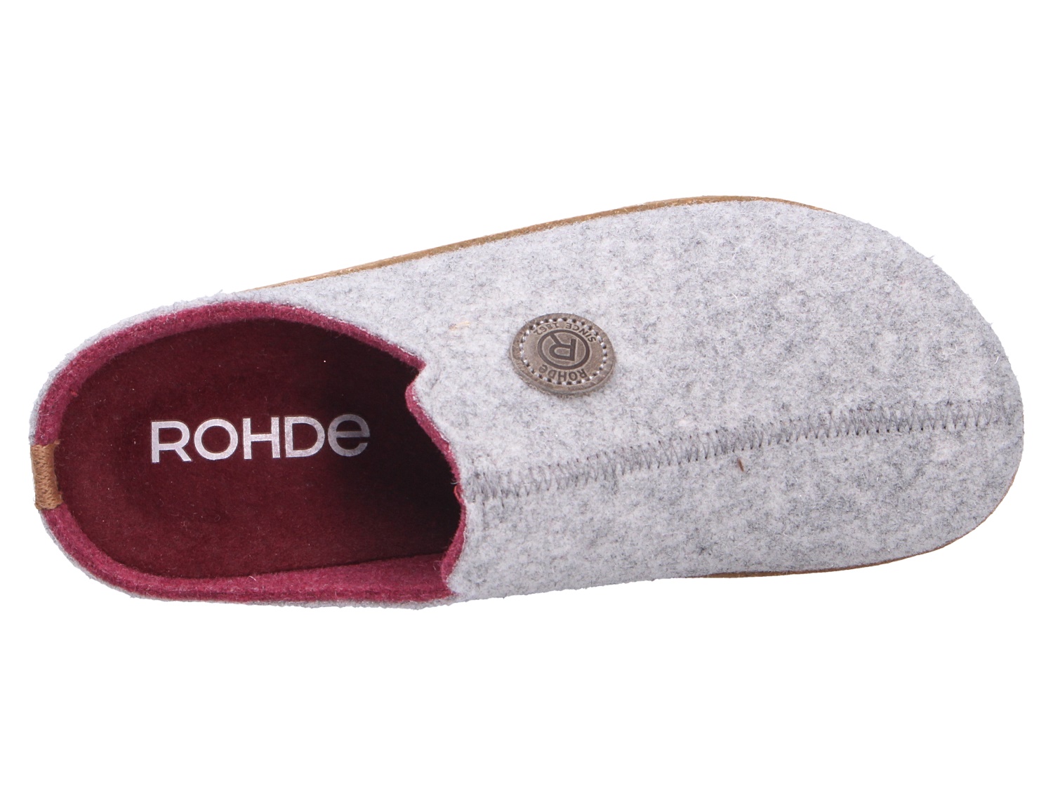 Rohde Damen Hausschuhe aus hellgrauem Filz mit bordeauxfarbenem Innenfutter, Seitenansicht eines bequemen Slippers