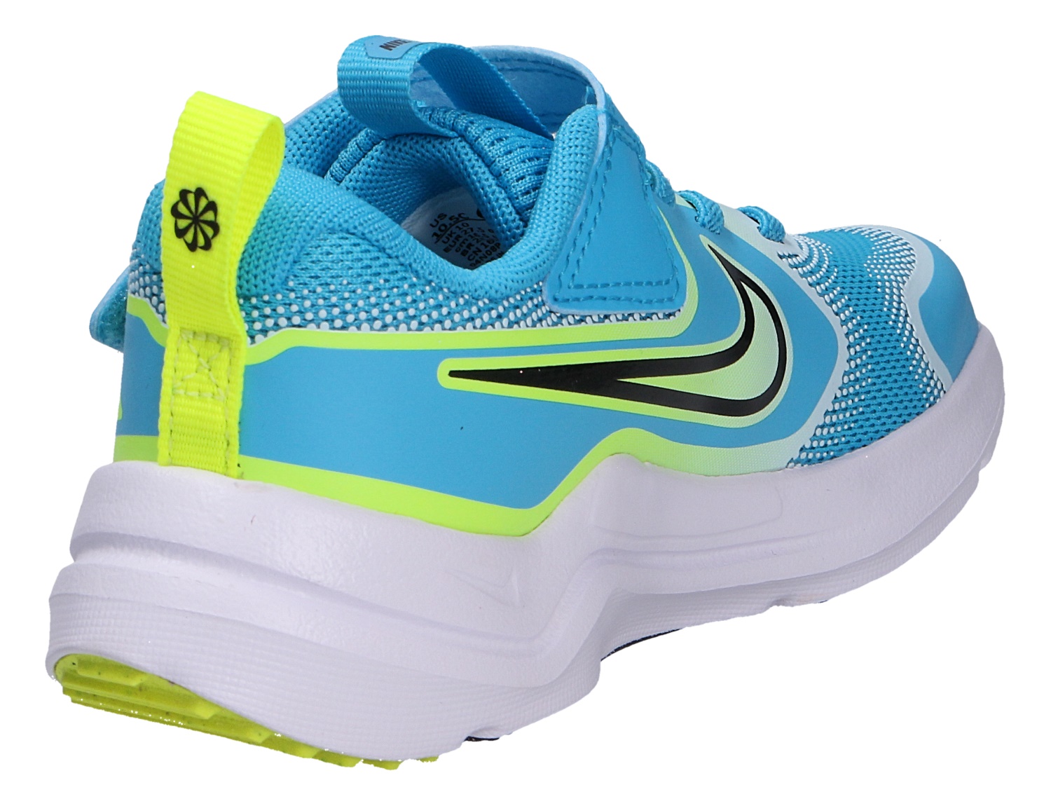 Nike Cosmic Runner Sneaker in Blau mit neongelben Details und weißer Sohle, Rück- und Seitenansicht