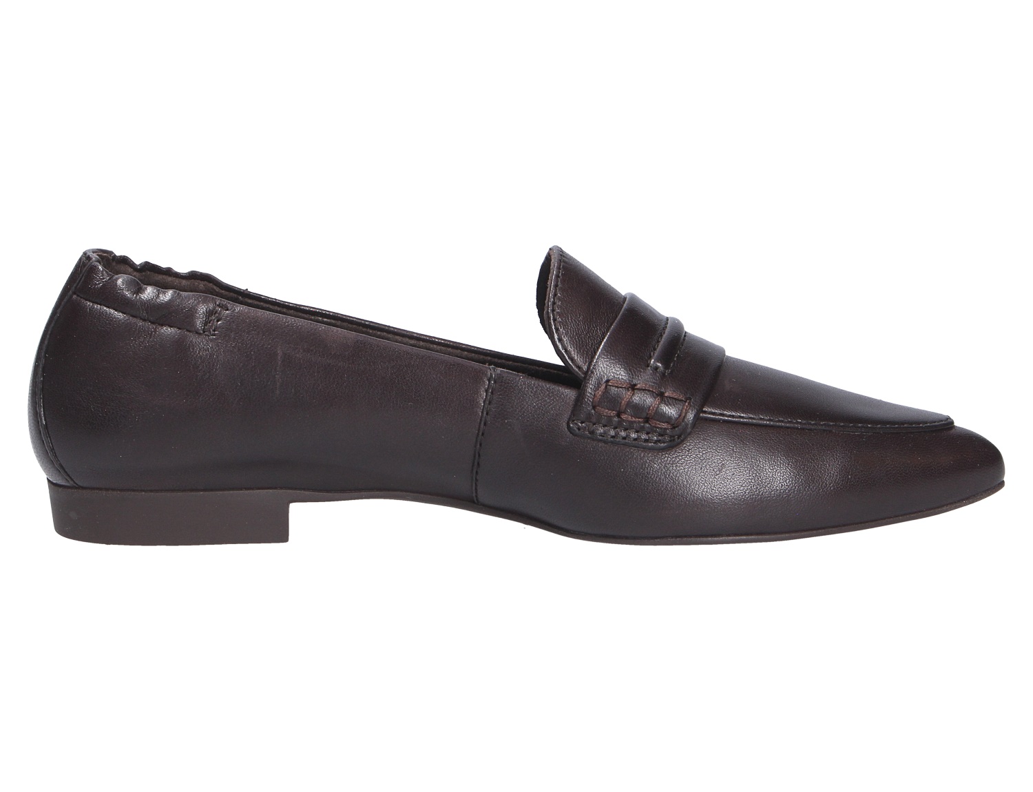 Paul Green Damen Slipper aus dunkelbraunem Glattleder mit flachem Absatz und klassischer Lasche in Seitenansicht