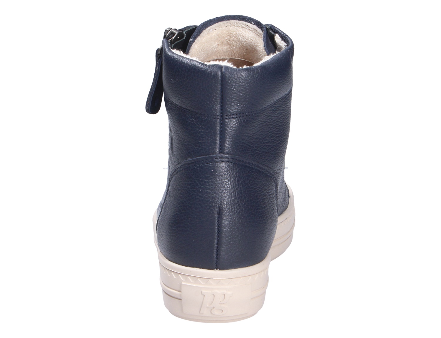 Paul Green Damen Sneaker in Dunkelblau, Rückansicht eines hoch geschnittenen Sneakers mit Reißverschluss, heller Sohle und weichem Innenfutter