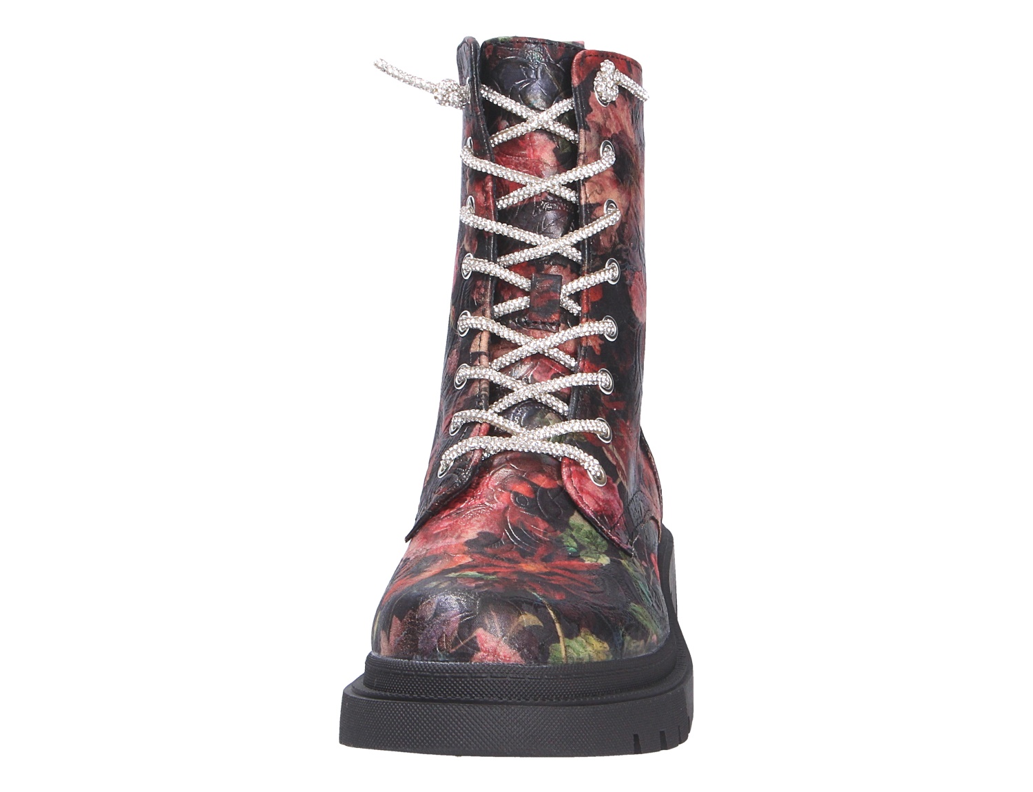 Frontansicht der La Strada Damen Stiefel mit floralem Muster in Rot-Schwarz, heller Schnürung und schwarzer Profilsohle
