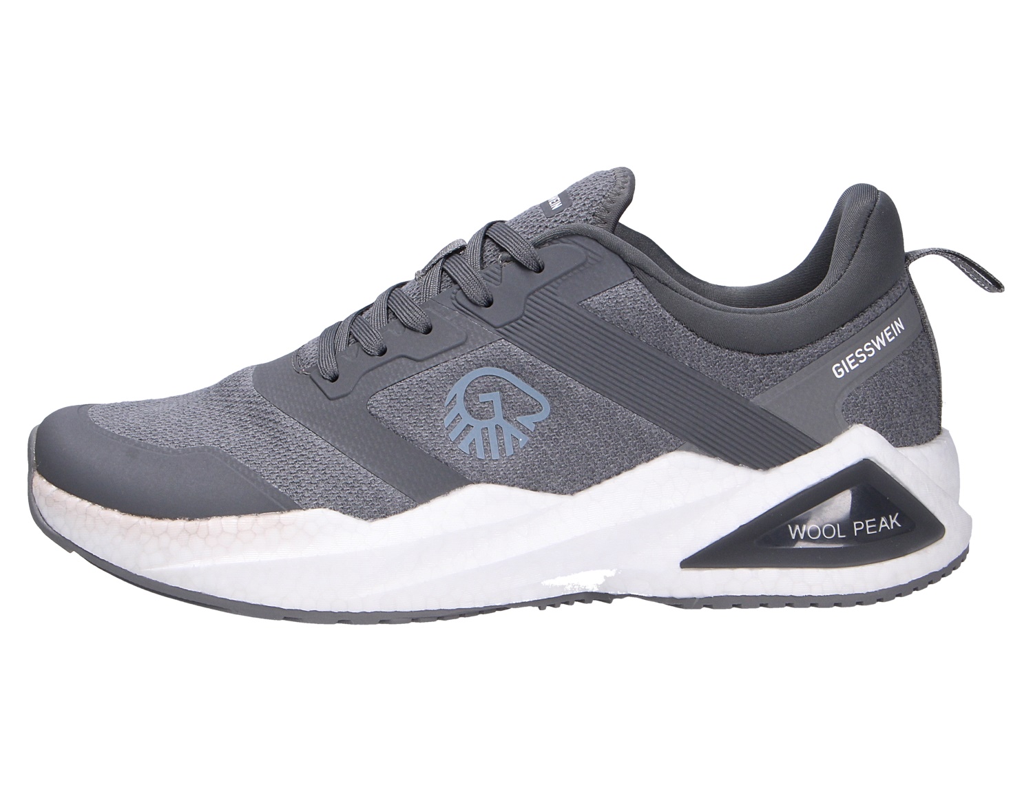 Giesswein WOOL PEAK MEN Herren-Sneaker in Grau mit Schnürung und weißer Dämpfungssohle, seitliche Produktansicht