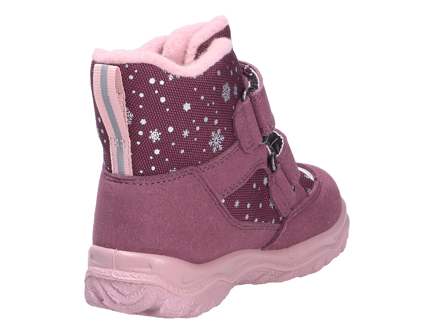 Superfit HUSKY1 Kinder-Winterstiefel in Beere-Rosa, gefüttert, mit Klettverschluss, reflektierendem Streifen und Schneeflocken-Muster, Rückansicht
