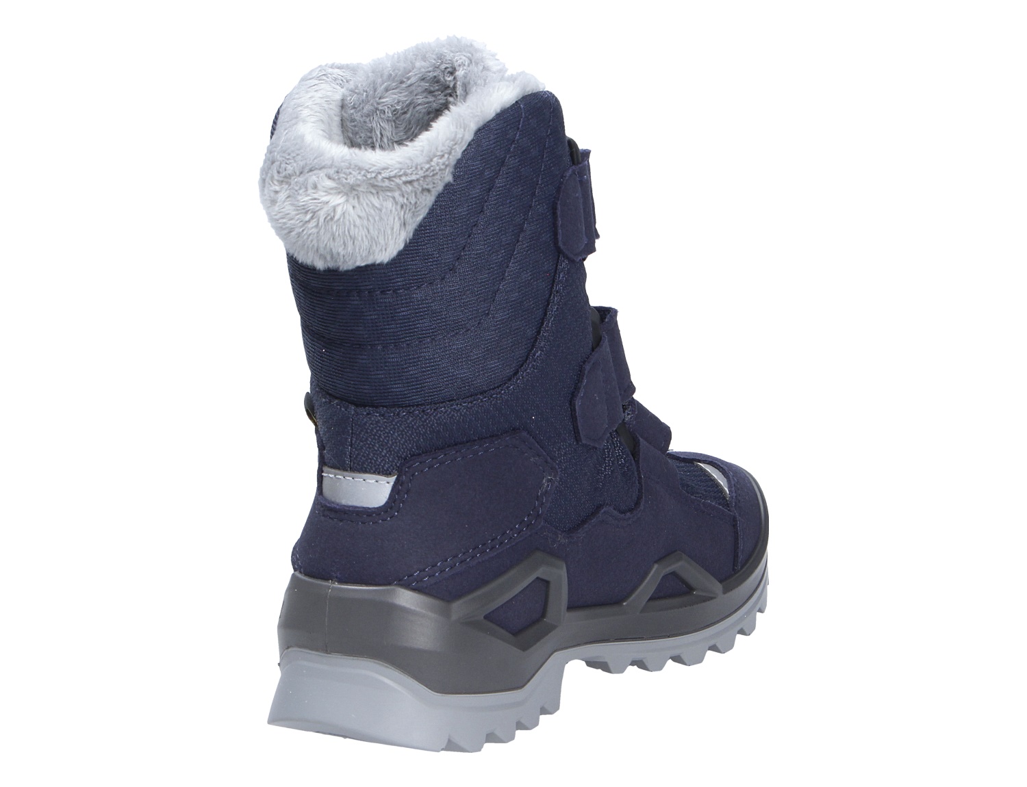 Lowa MILO EVO GTX HI JR Winterstiefel für Kinder in Dunkelblau, hohe wasserdichte GTX-Ausführung mit Klettverschluss und warmem Futter, Rückansicht