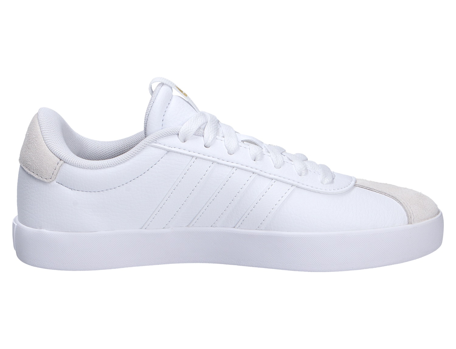 Adidas VL COURT 3.0 Sneaker in Weiß mit 3-Streifen-Design, Schnürung, Wildleder-Zehenkappe und flacher Sohle in der Seitenansicht
