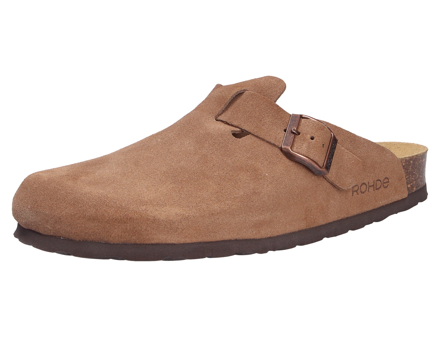 Rohde GRADO brauner Clog aus Veloursleder mit verstellbarer Schnalle und Korksohle, Seitenansicht
