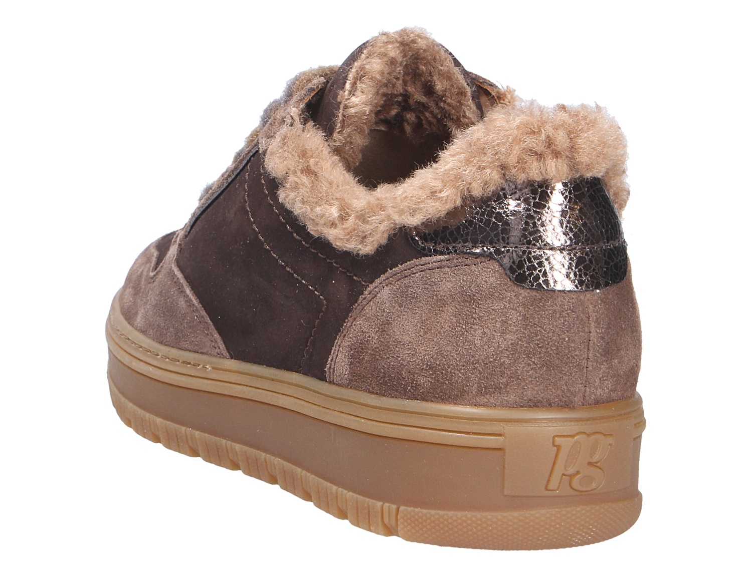 Rückansicht des Paul Green Damen Sneakers in Braun aus Veloursleder mit warmem Fellfutter, glänzendem Fersendetail und heller Gummisohle
