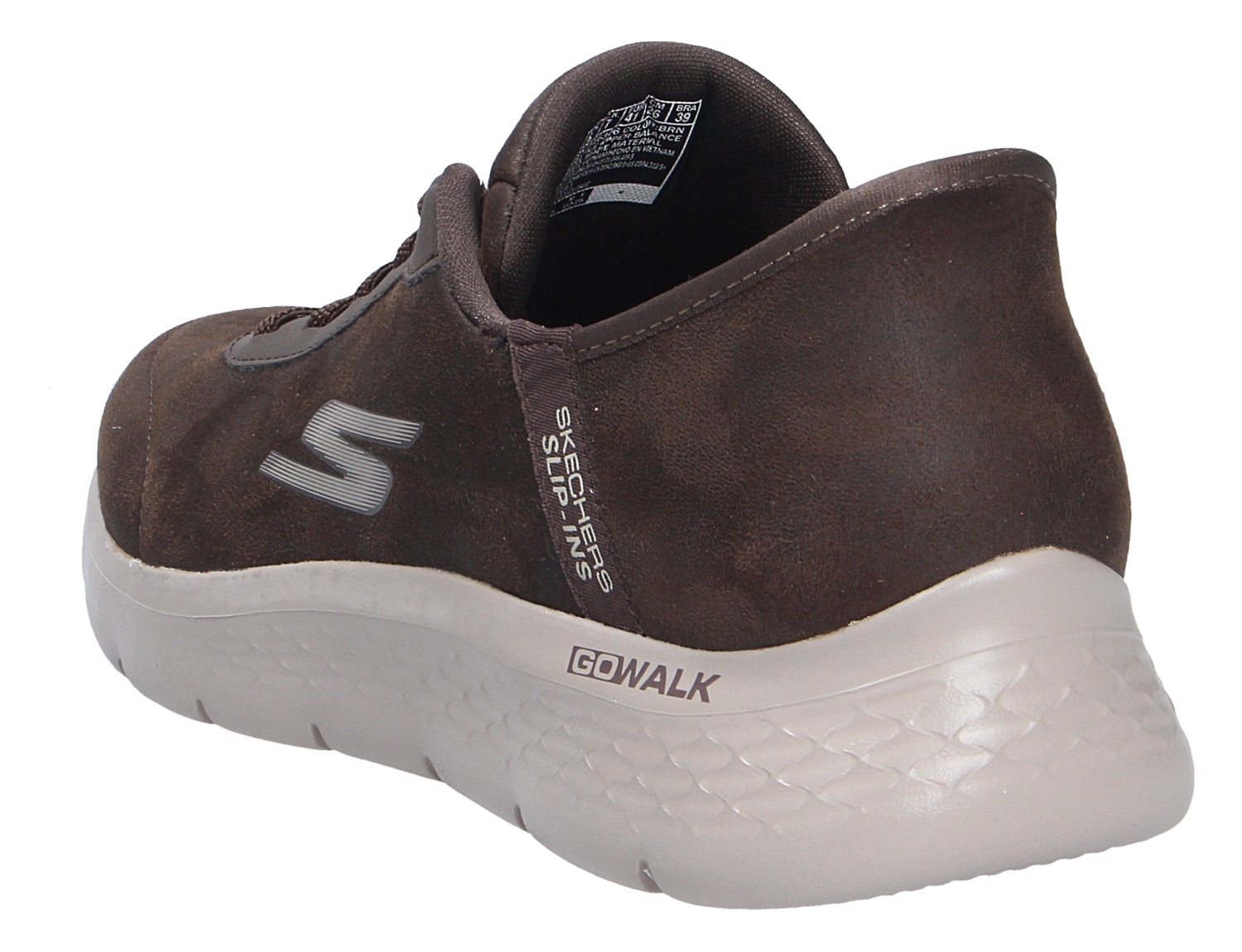 Skechers Go Walk Flex Slip-ins in Braun, bequemer Sneaker mit heller Laufsohle in Seiten- und Rückansicht