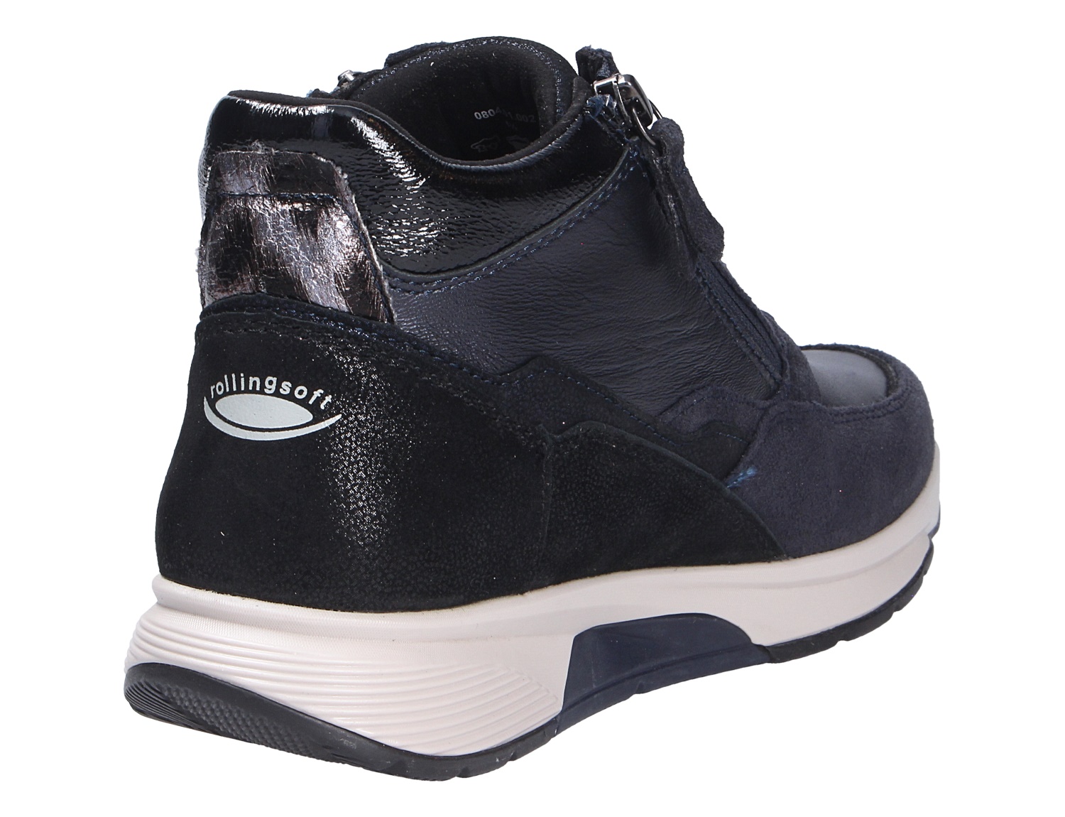 Gabor Damen Schnürschuhe in Dunkelblau, sportlicher Lederschuh mit Reißverschluss, glänzenden Details und heller Laufsohle in seitlicher Rückansicht