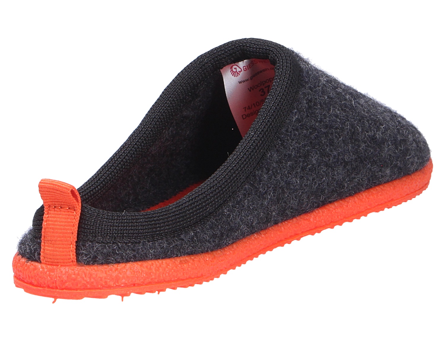 Giesswein WOOLPOPS Hausschuh aus Wollfilz, dunkelgrau mit auffälliger roter Sohle und roter Fersenschlaufe, Seitenansicht