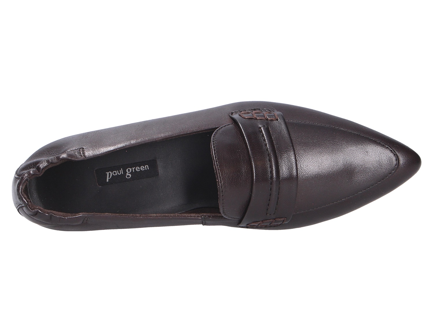 Draufsicht auf einen Paul Green Damen Slipper aus dunkelbraunem Leder mit spitzer Form und klassischer Loafer-Spange