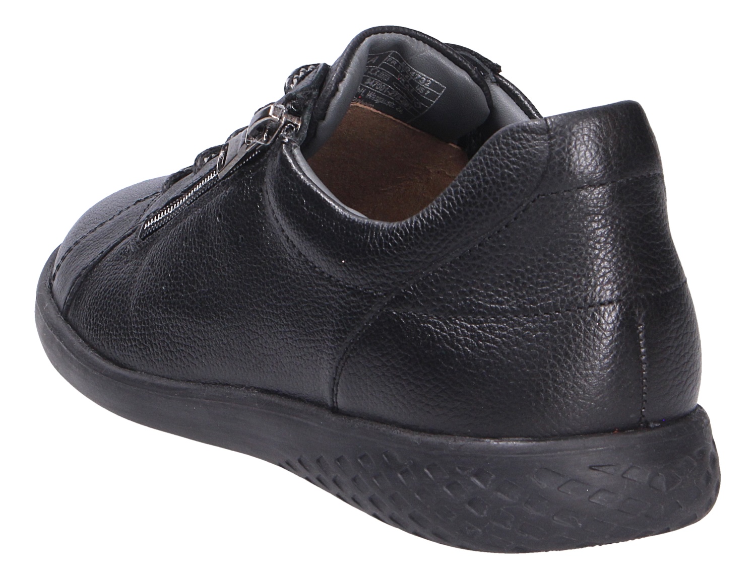 Rückansicht des Waldläufer H-Cloé Damen-Sneakers in Schwarz aus genarbtem Leder mit seitlichem Reißverschluss und schwarzer Sohle