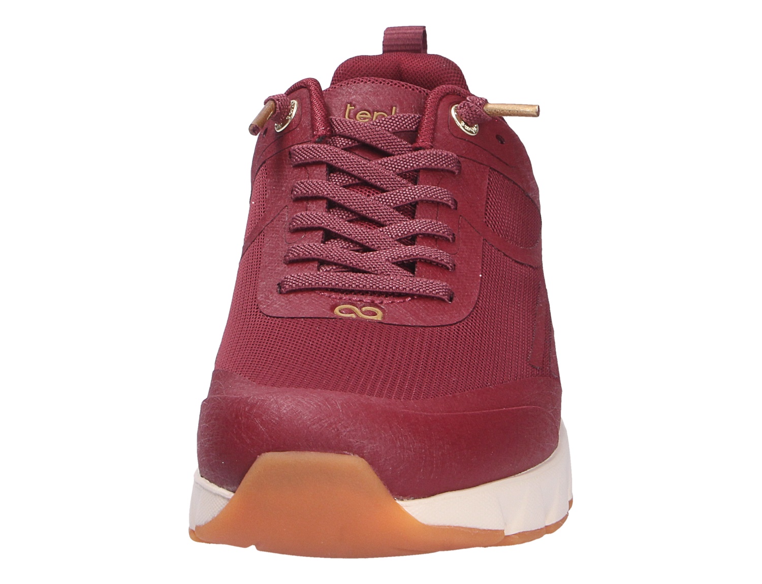 Frontalansicht des bordeauxroten Sneakers tenhaag 0003 von tenhaag mit Schnürung, Mesh-Obermaterial und heller Sohle