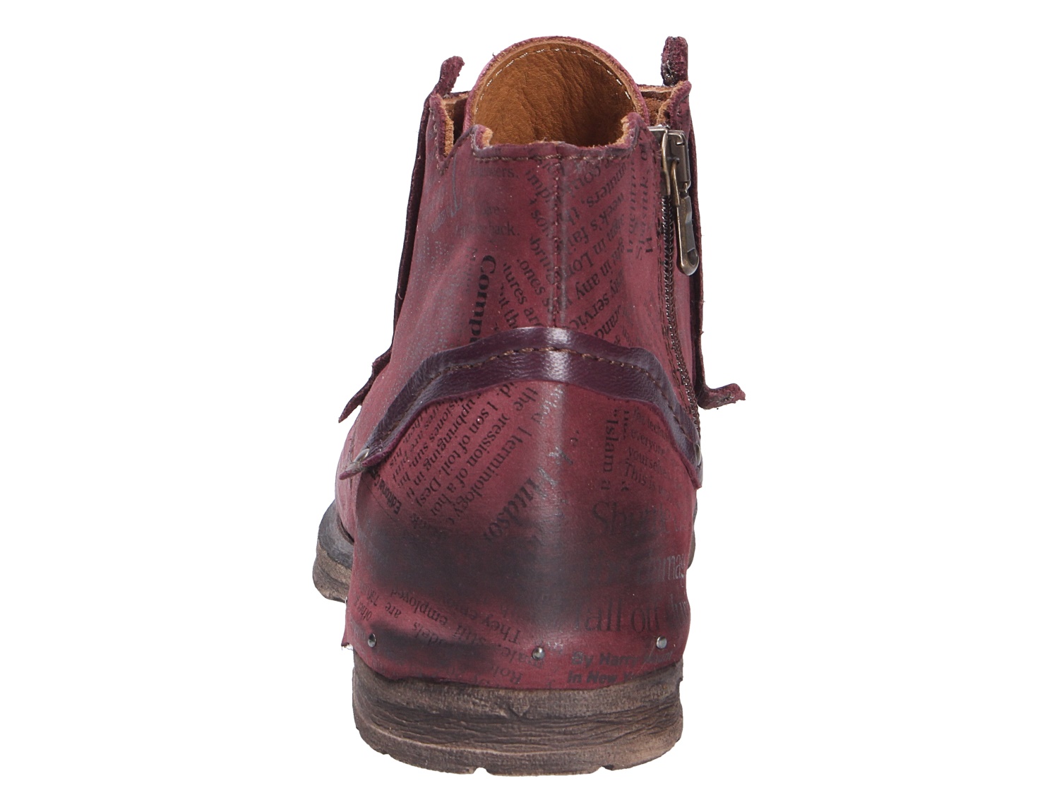 Rückansicht der Charme ETNIC Damen-Stiefelette in Bordeaux aus Leder mit seitlichem Reißverschluss, Used-Look und dekorativem Schrift-Print