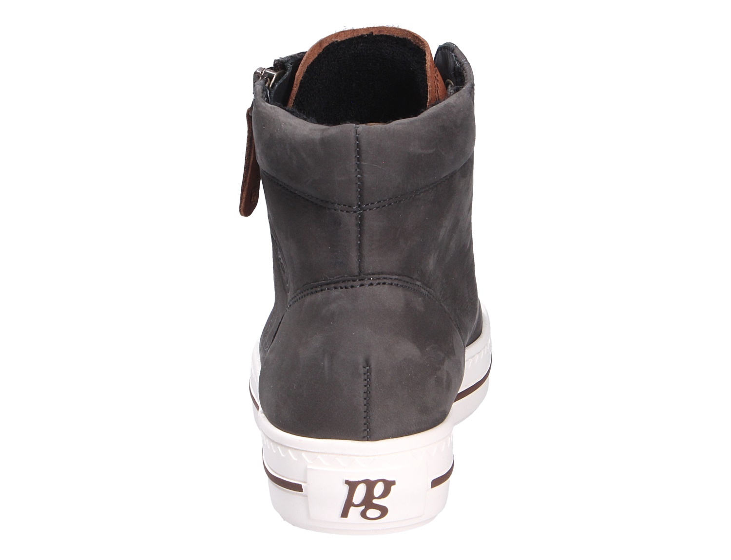 Rückansicht des Paul Green Damen Sneakers in Dunkelgrau aus weichem Nubukleder mit Reißverschluss, hohem Schaft und weißer flacher PU-Sohle