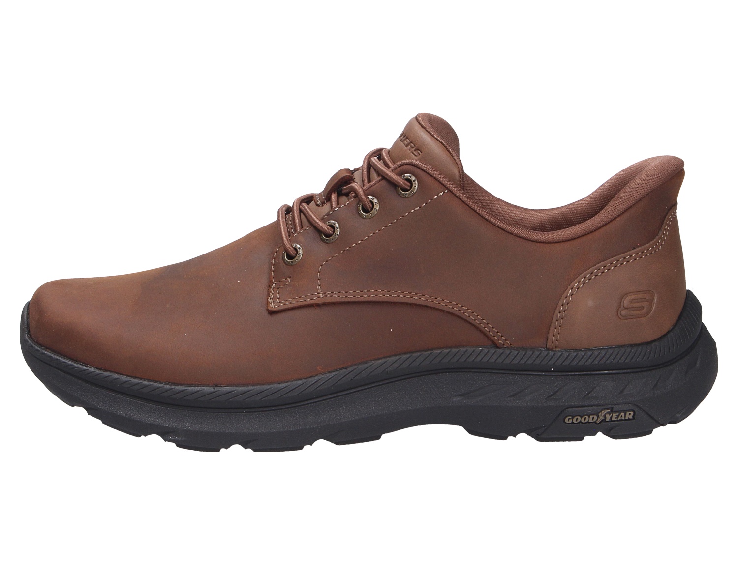 Skechers Pollard Herren-Schnürschuh in Braun mit glattem Obermaterial, schwarzer Profilsohle und Schnürung in der Seitenansicht