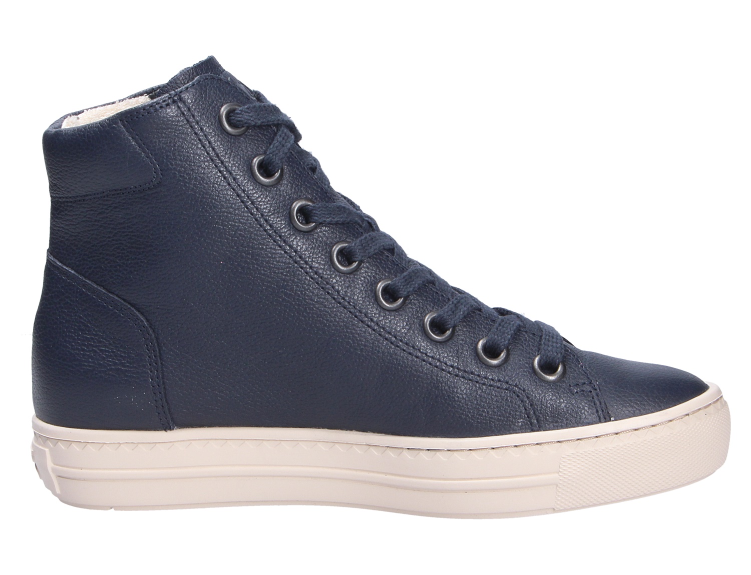 Paul Green Damen Sneaker, dunkelblauer High-Top aus Leder mit Schnürung und heller Gummisohle in Seitenansicht