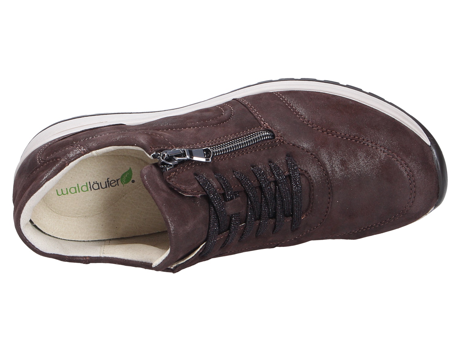 Waldläufer H-Inessa Damen-Sneaker aus braunem Leder mit seitlichem Reißverschluss, Schnürung und heller Sohle in der Draufsicht