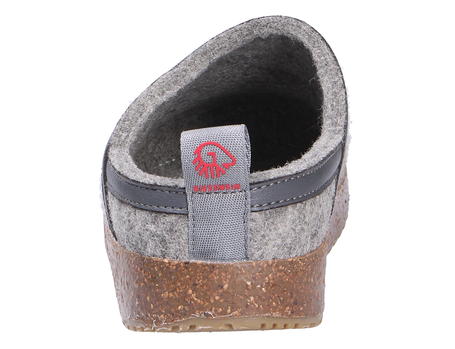Rückansicht des grauen Giesswein WOOL CLOG aus Filz mit Korksohle und Fersenschlaufe