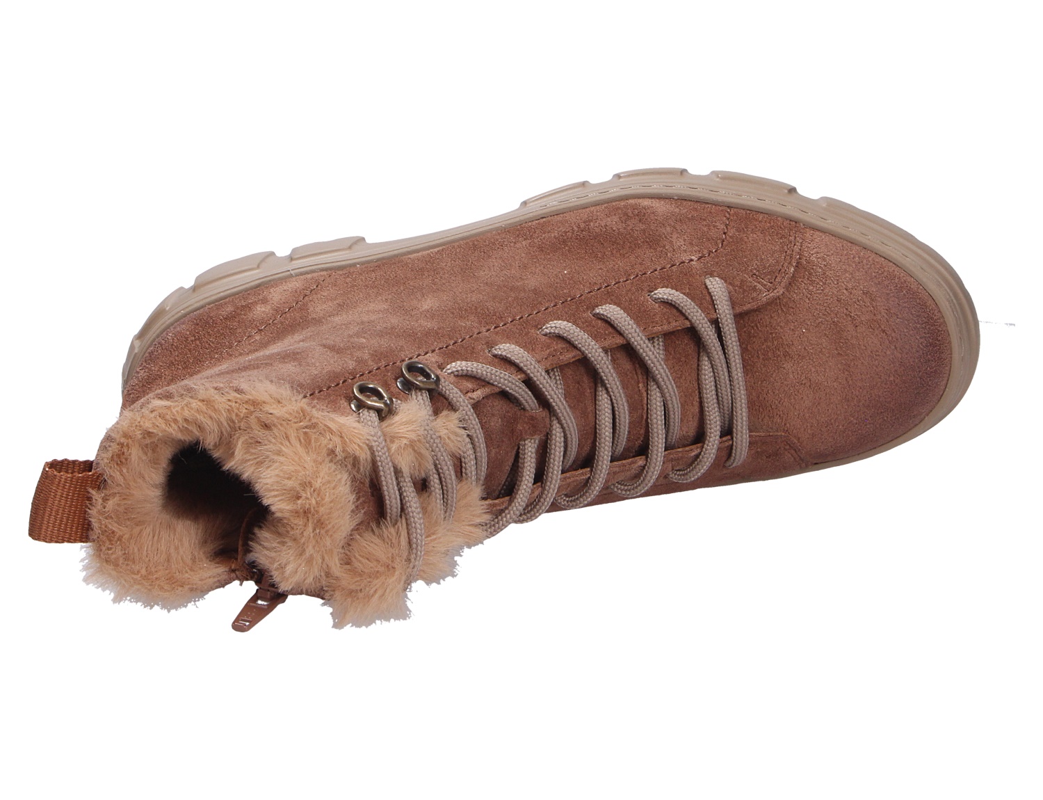Paul Green Damen Stiefel in Braun aus Veloursleder, mit Schnürung, Reißverschluss und weichem Fellbesatz am Schaft