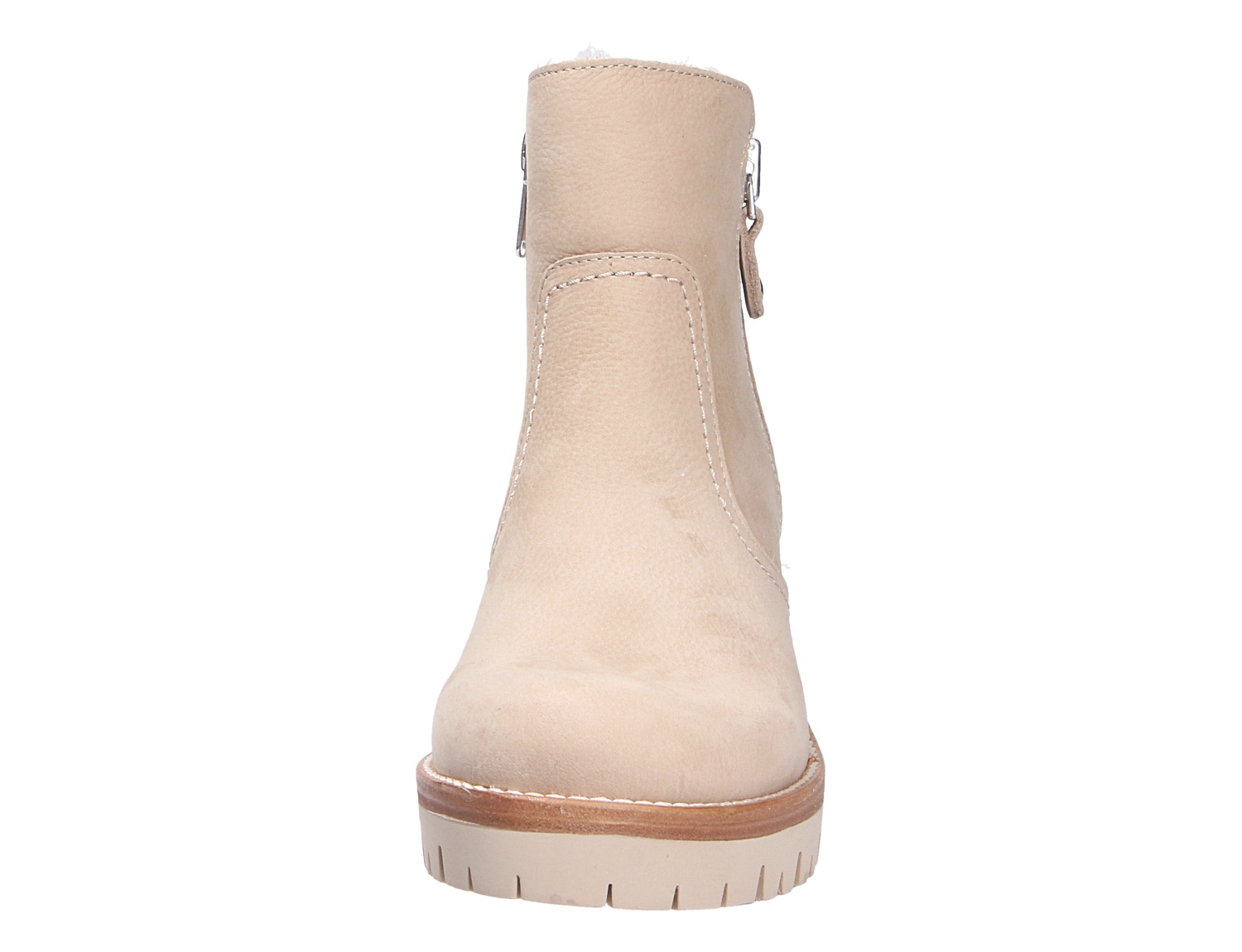 Frontansicht der Panama Jack Pauline Damen-Stiefelette in Beige mit Reißverschluss und profilierter Sohle