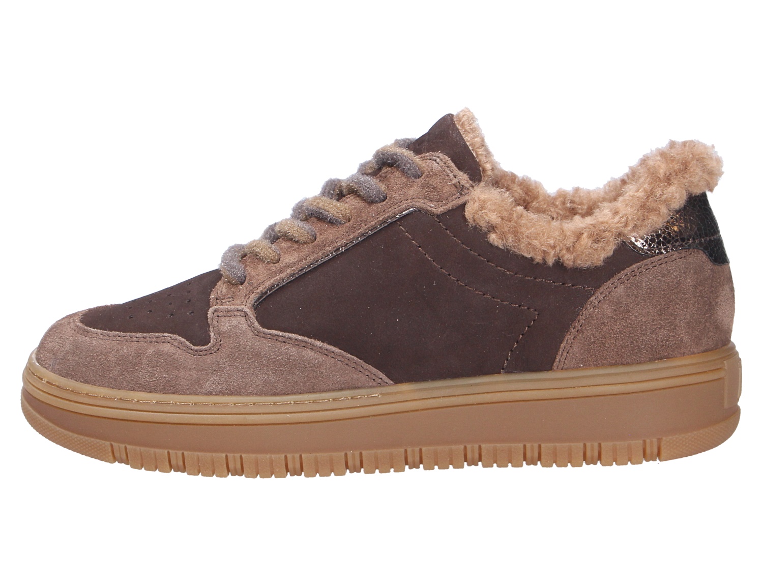 Paul Green Damen Sneaker, brauner Ledersneaker mit weichem Futter, Schnürung und heller Plateausohle in Seitenansicht