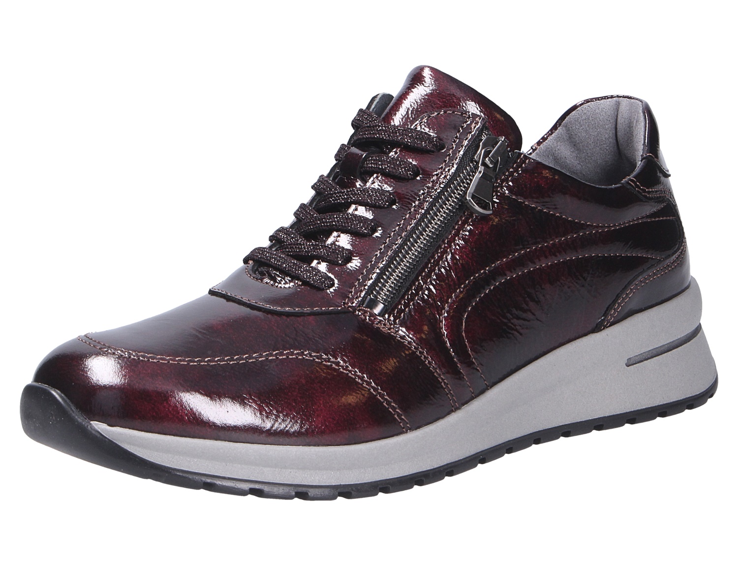 Waldläufer H-Inessa Damen-Sneaker in Bordeaux, glänzendes Lackleder mit Schnürung, seitlichem Reißverschluss und heller Keilsohle