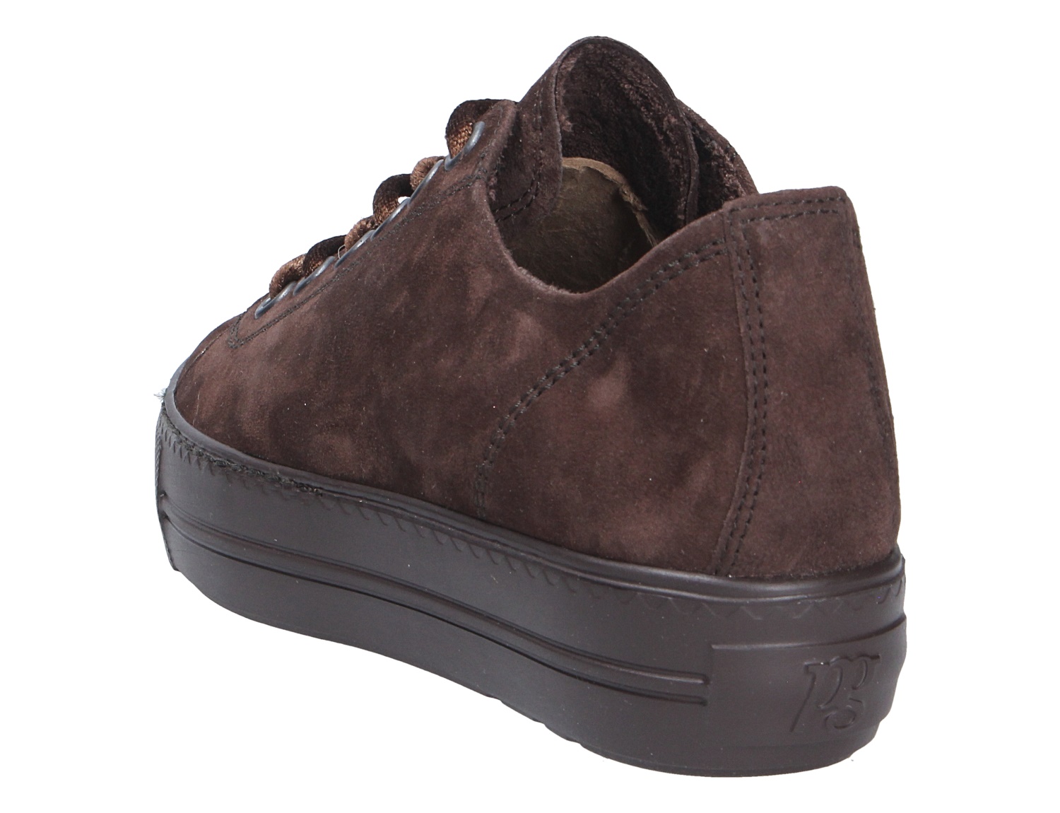 Paul Green Damen Sneaker aus braunem Veloursleder mit dunkler Plateausohle und Schnürung, Ansicht von hinten schräg