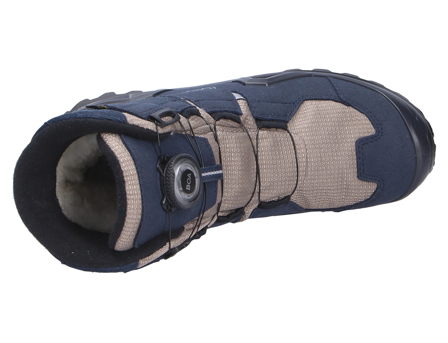 Draufsicht auf den Lowa MILO EVO GTX HI BOA JR Kinder-Winterstiefel in Blau mit BOA-Verschluss und hohem Schaft