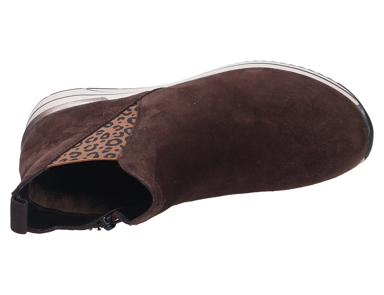 Remonte Damen Stiefel in Braun aus Veloursleder, Seitenansicht mit Reißverschluss und Elastikeinsatz im Leo-Design