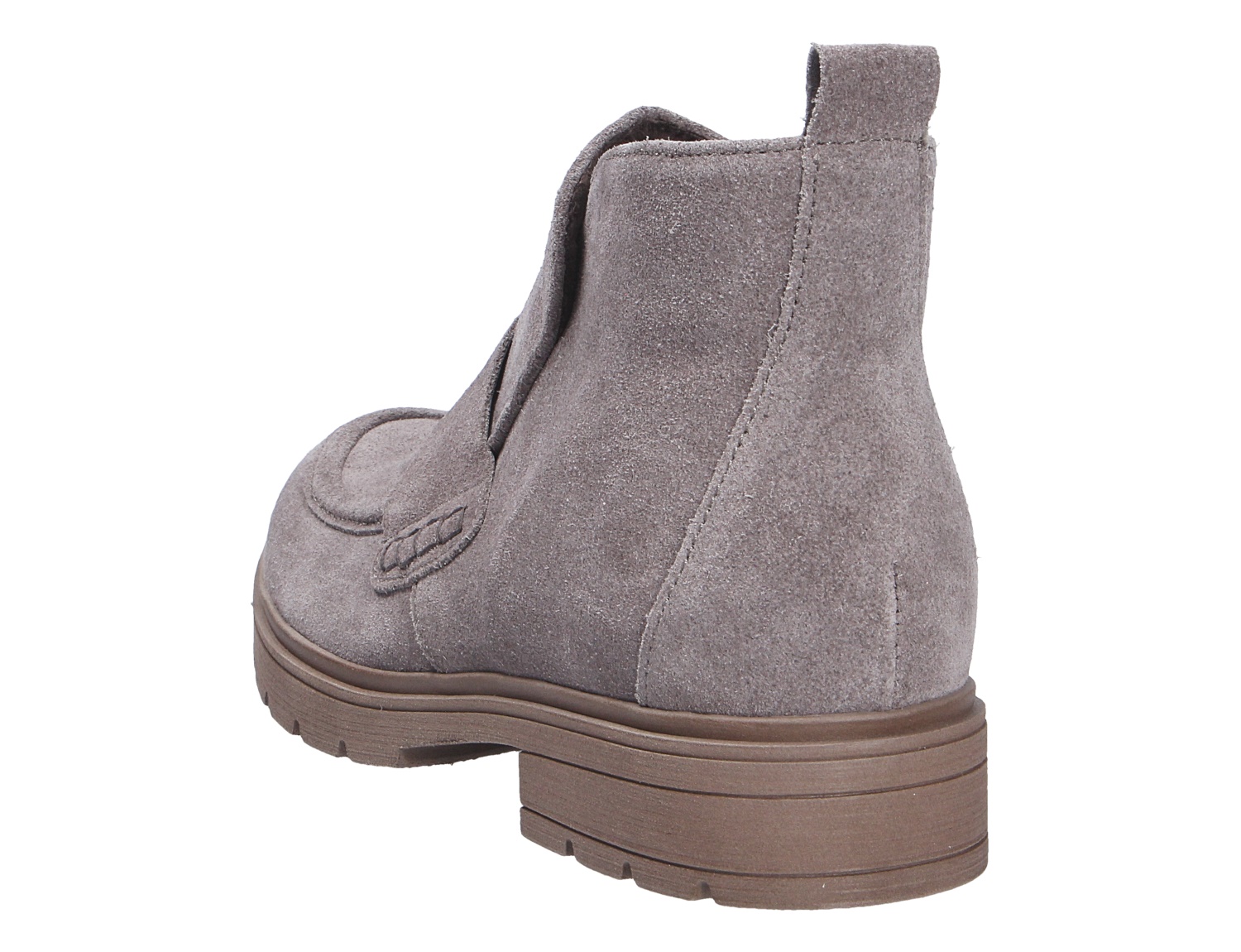 Gabor Damen Stiefel aus grauem Veloursleder mit Blockabsatz und Profilsohle, seitliche Rückansicht