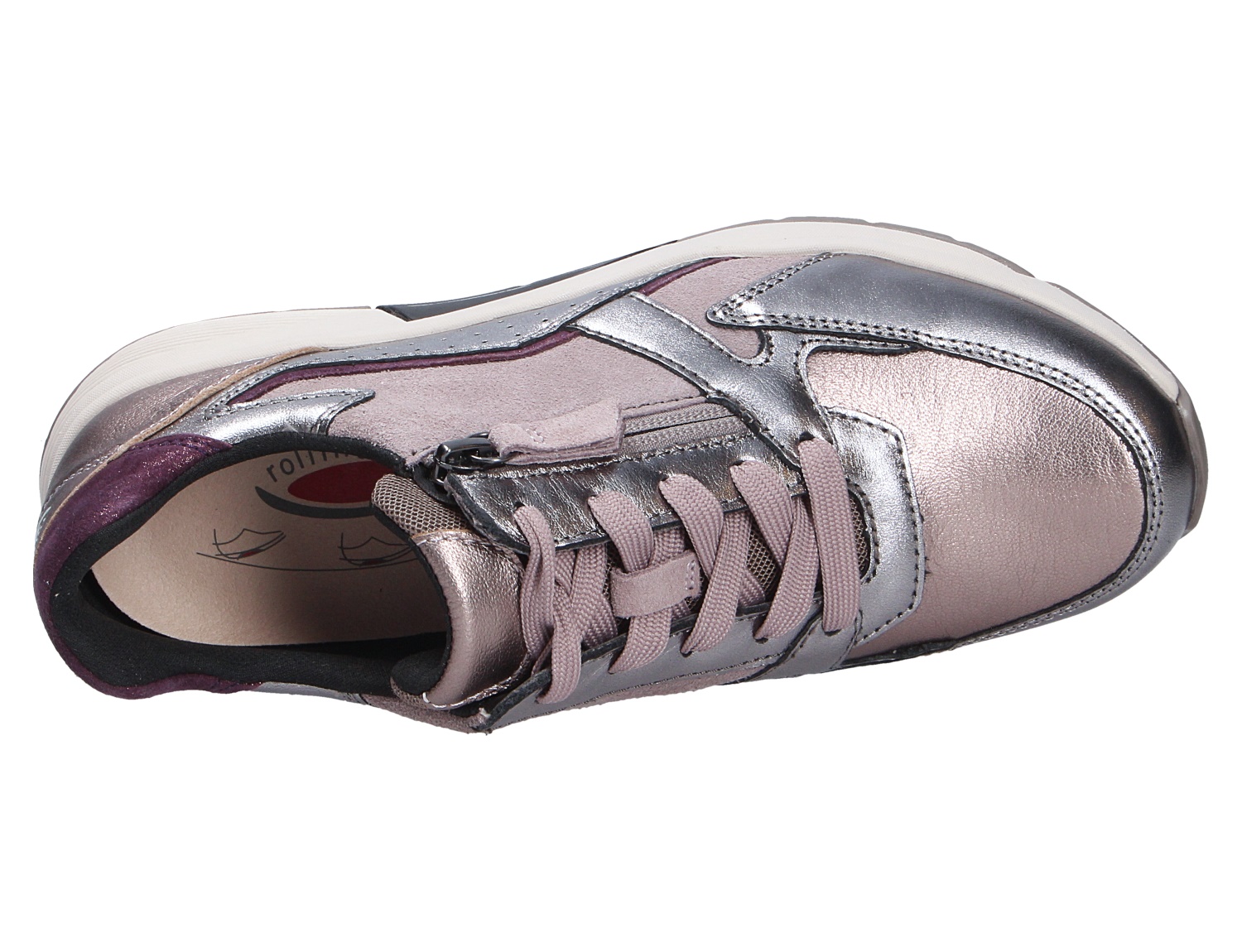 Draufsicht auf Gabor Damen Schnürschuhe in Metallic-Rosé und Silber mit Schnürung, seitlichem Reißverschluss und weißer Sohle