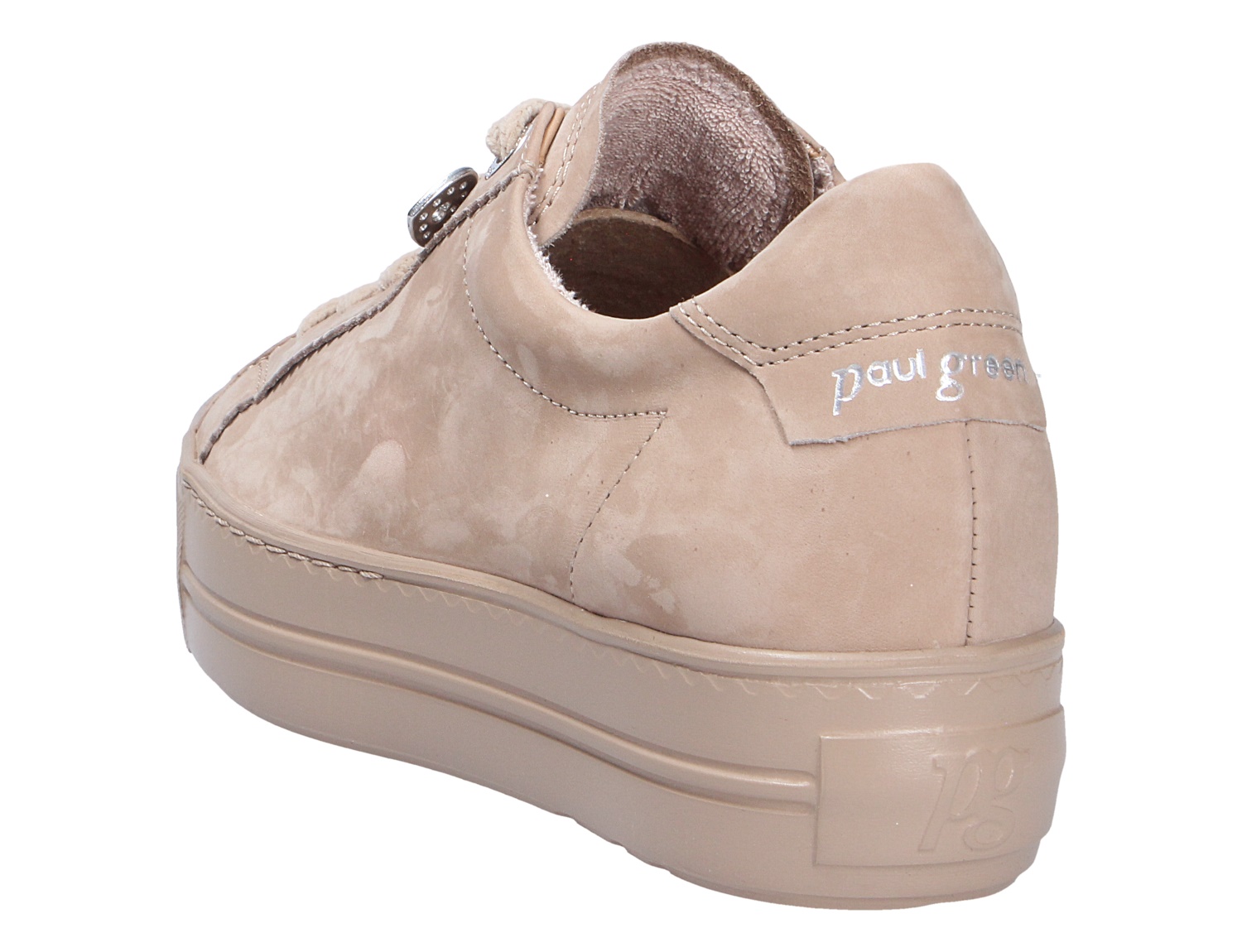 Paul Green Damen Sneaker in Beige aus Leder, Rückansicht mit Logostickerei an der Ferse und toniger Plateausohle