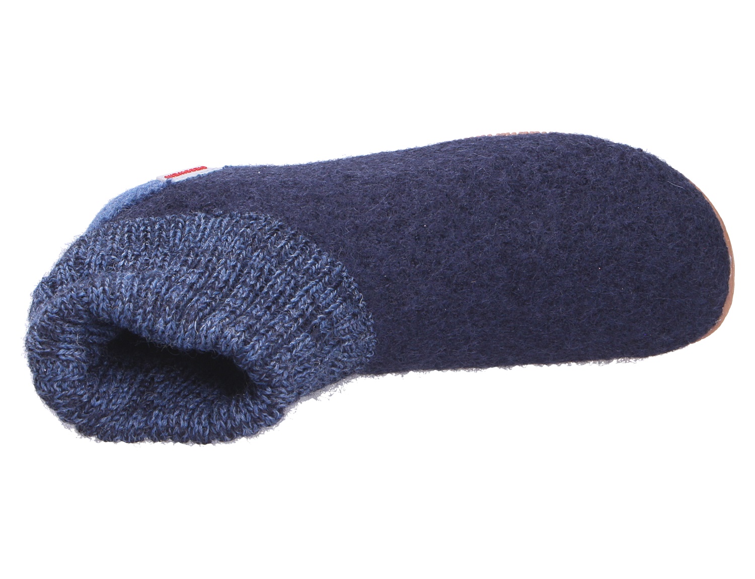 Seitliche Ansicht des dunkelblauen Giesswein Hausschuhs WILDPOLDSRIED aus weichem Walkstoff mit gestricktem Schaft