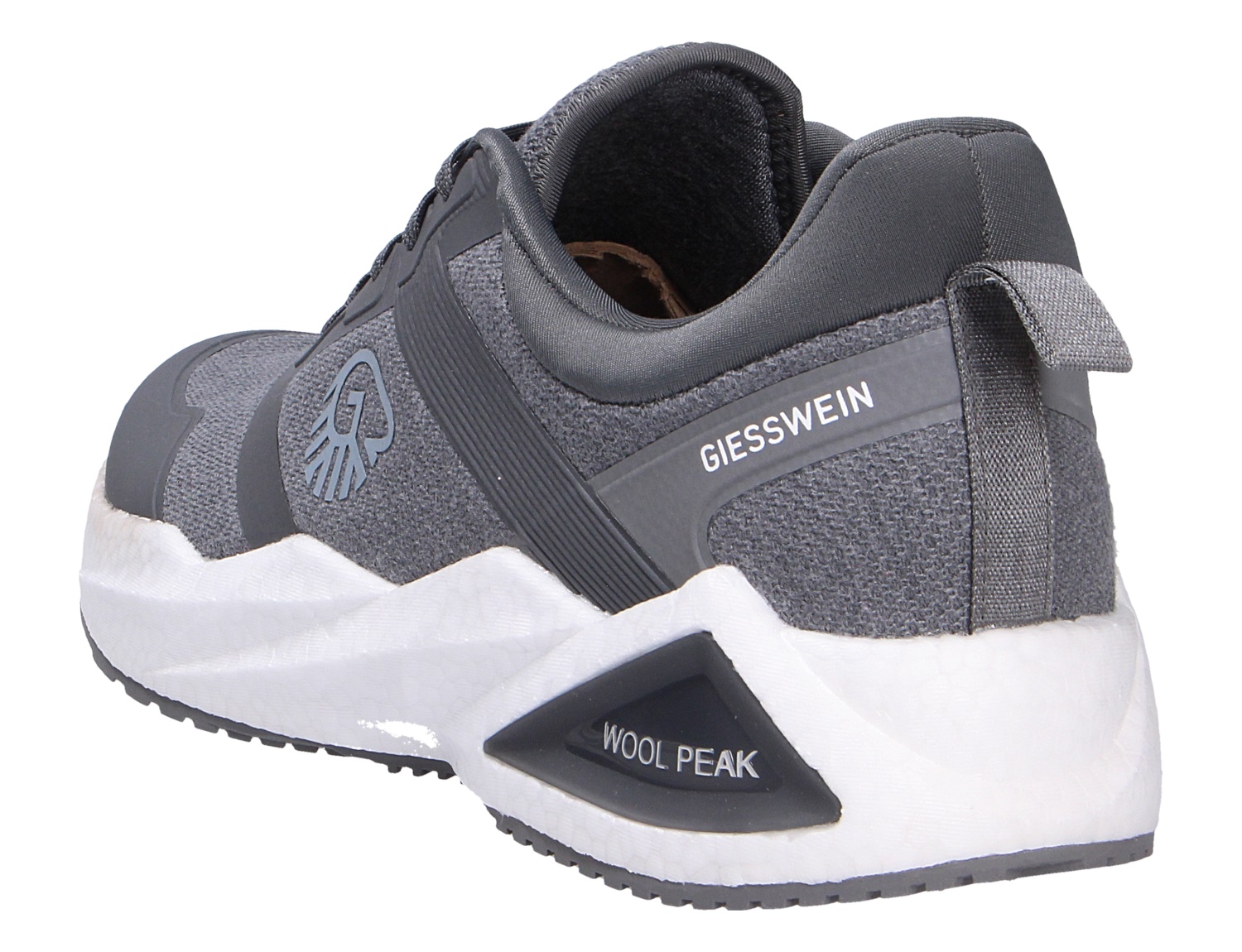 Giesswein WOOL PEAK MEN Herren-Sneaker in Grau mit markanter weißer Sohle in Rück- und Seitenansicht