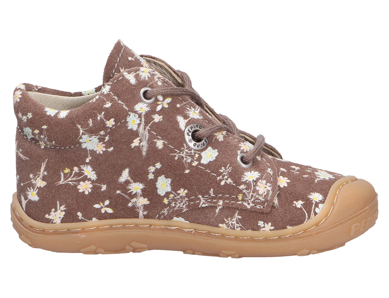 Ricosta Cory Kinder-Halbschuh in Braun aus Veloursleder mit floralem Print, Schnürung und heller Laufsohle, seitliche Ansicht