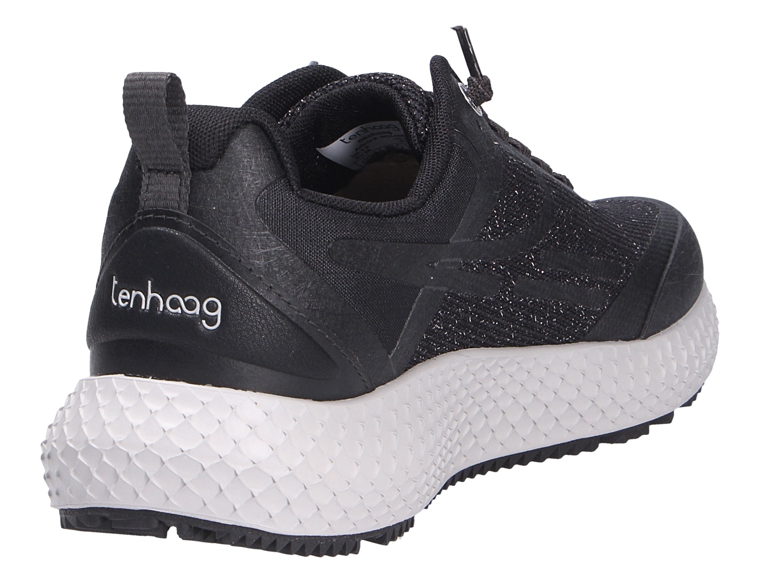tenhaag Damen Sneaker, schwarzer Freizeitschuh mit Strickoptik, Zuglasche und weißer strukturierter Profilsohle in Rück- und Seitenansicht