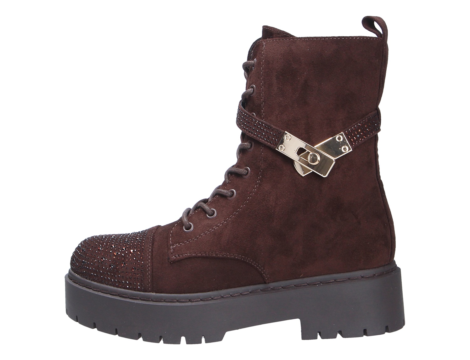 La Strada Damen Stiefel aus dunkelbraunem Veloursleder-Look mit Schnürung, Ziersteinen, dekorativer Schnalle und robuster Plateausohle