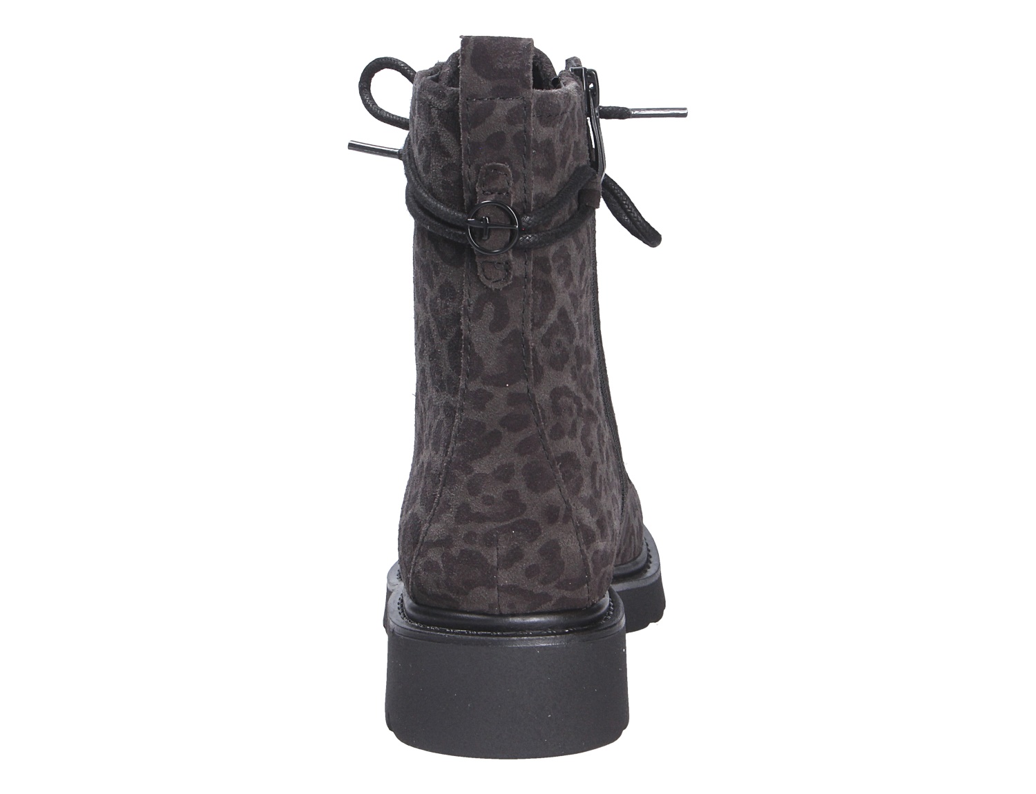 Rückansicht der Tamaris Damen Stiefel in Schwarz mit dezentem Leopardenmuster, Reißverschluss und robuster Sohle
