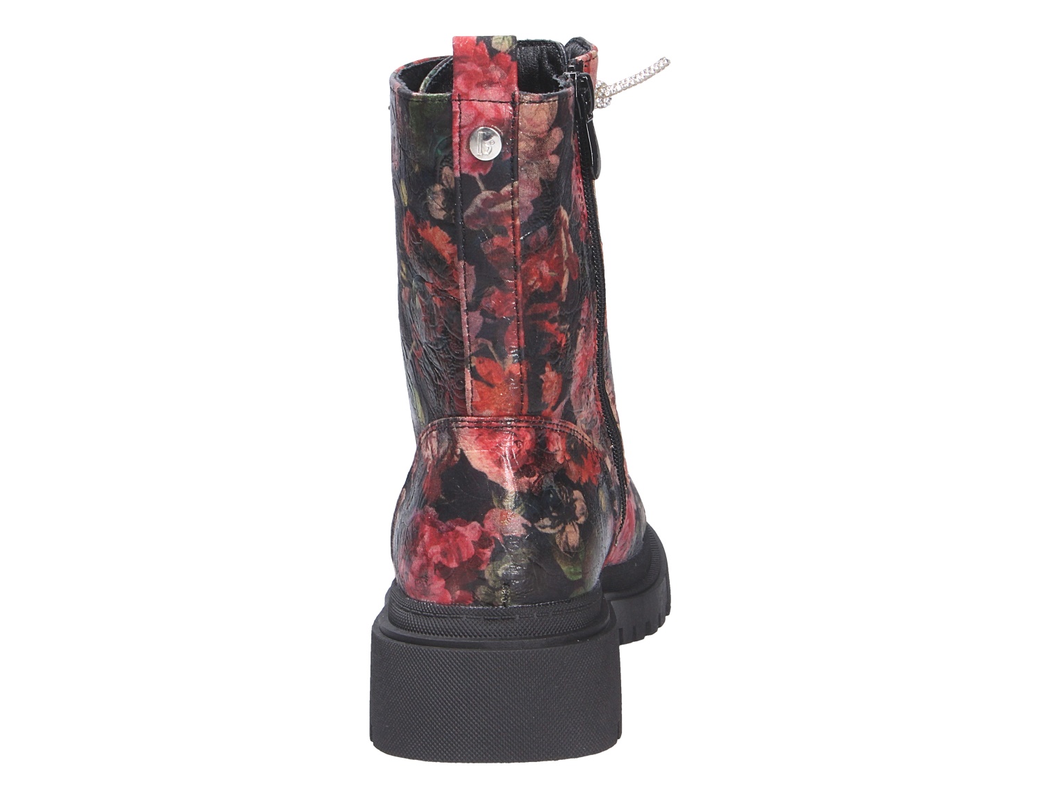 Rückansicht der La Strada Damen Stiefel mit floralem Print, seitlichem Reißverschluss und markanter schwarzer Sohle
